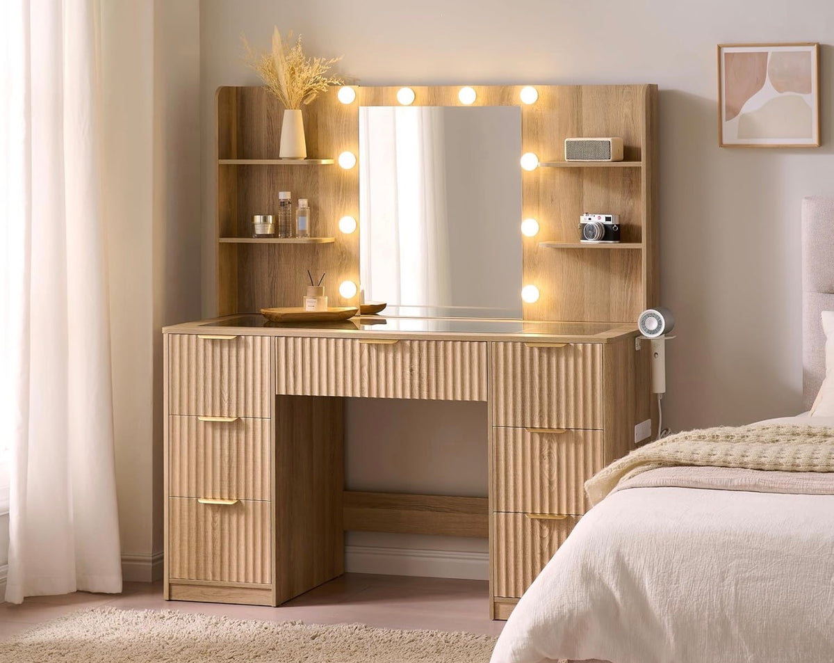 The Lumière Vanity — Fluted Makeup Desk with LED Mirror