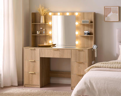 The Lumière Vanity — Fluted Makeup Desk with LED Mirror