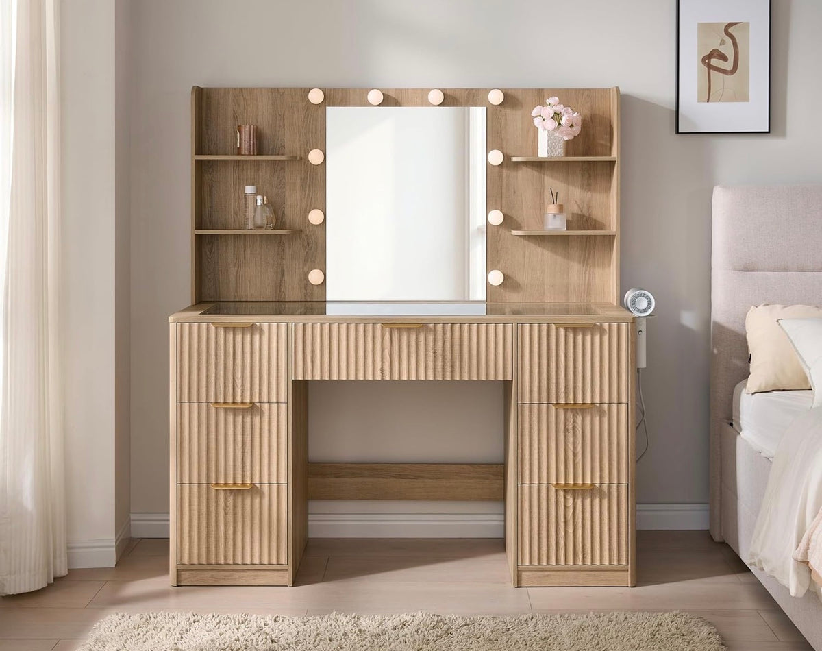 The Lumière Vanity — Fluted Makeup Desk with LED Mirror