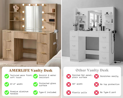 The Lumière Vanity — Fluted Makeup Desk with LED Mirror