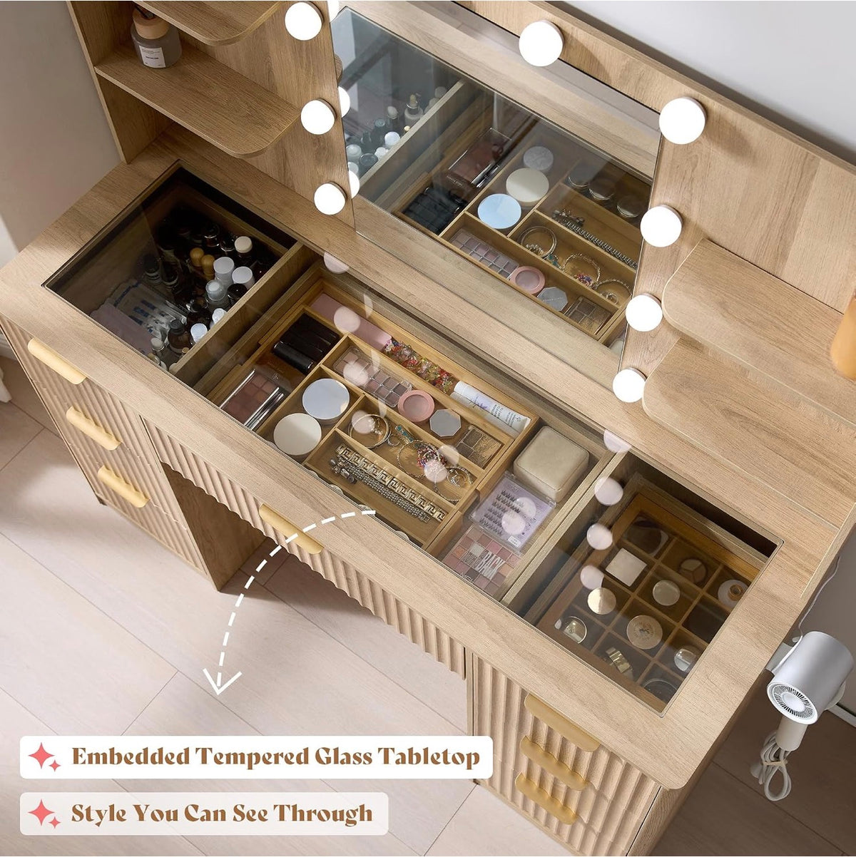 The Lumière Vanity — Fluted Makeup Desk with LED Mirror