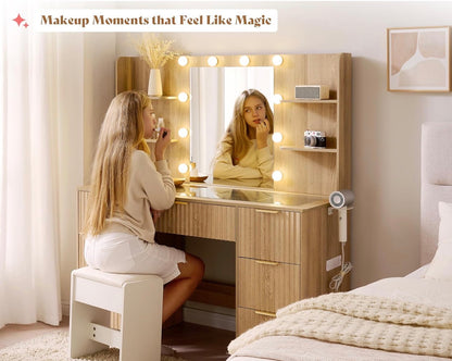 The Lumière Vanity — Fluted Makeup Desk with LED Mirror