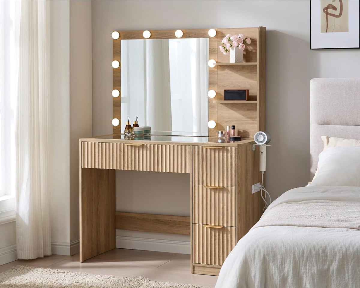 The Lumière Vanity — Fluted Makeup Desk with LED Mirror